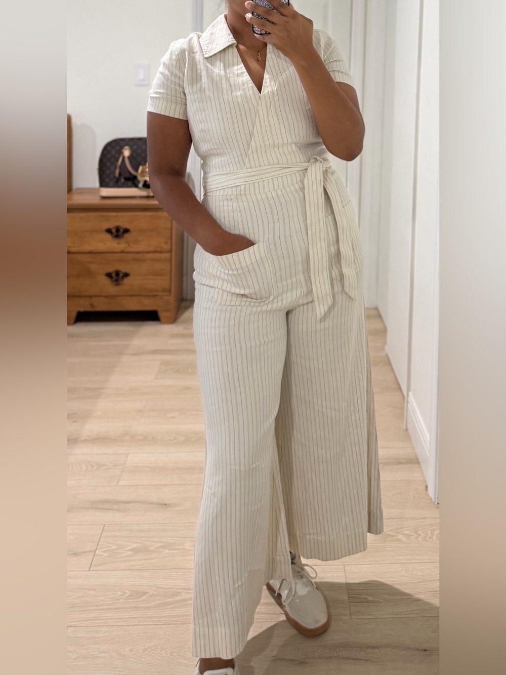 Anthropologie Maeve Colette Striped Linen Wrap Jumpsuit Wide Leg size 8